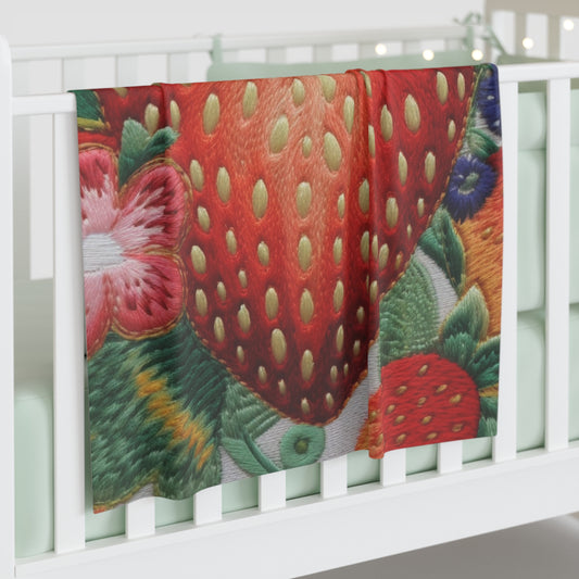 Berry Delight: Sun-Kissed Strawberries Fields Meet Embroidered Style Strawberry Patterns - Baby Swaddle Blanket