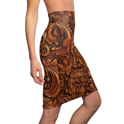 Leather Flower Cognac Classic Brown Timeless American Cowboy Design - Women's Pencil Skirt (AOP)