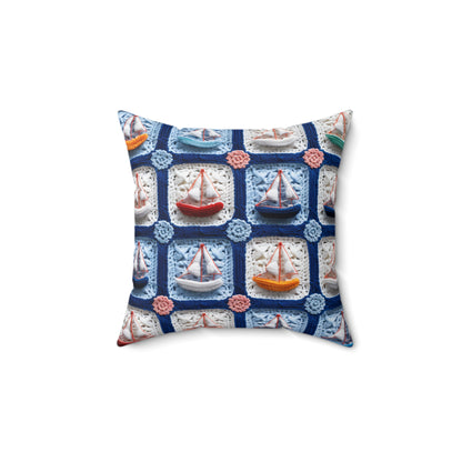 Crochet Boat Ship Sea Vessel Ocean Beach Travel Yacht Design - Spun Polyester Square Pillow