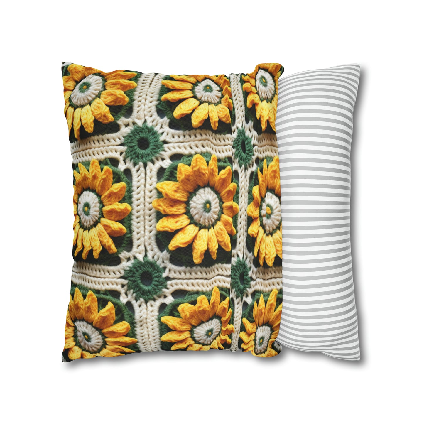 Sunflower Crochet Elegance, Granny Square Design, Radiant Floral Motif. Bring the Warmth of Sunflowers to Your Space - Spun Polyester Square Pillow Case