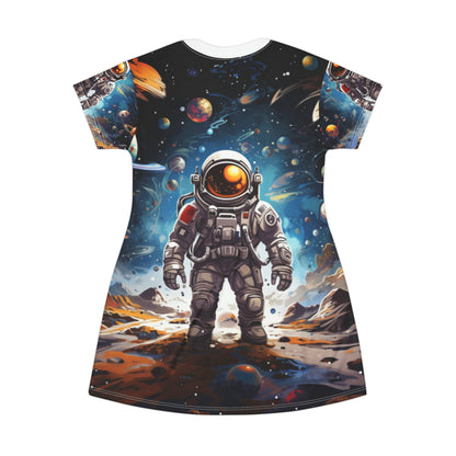 Viaje Galáctico: Viaje de Astronauta en Exploración Cósmica de Estrellas Celestiales - Vestido tipo camiseta (AOP) 