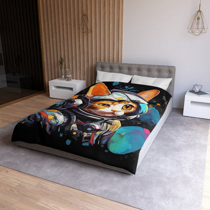 Astro Cat Adventure Feline - Pop Art, Floating in Cosmic Space - Microfiber Duvet Cover