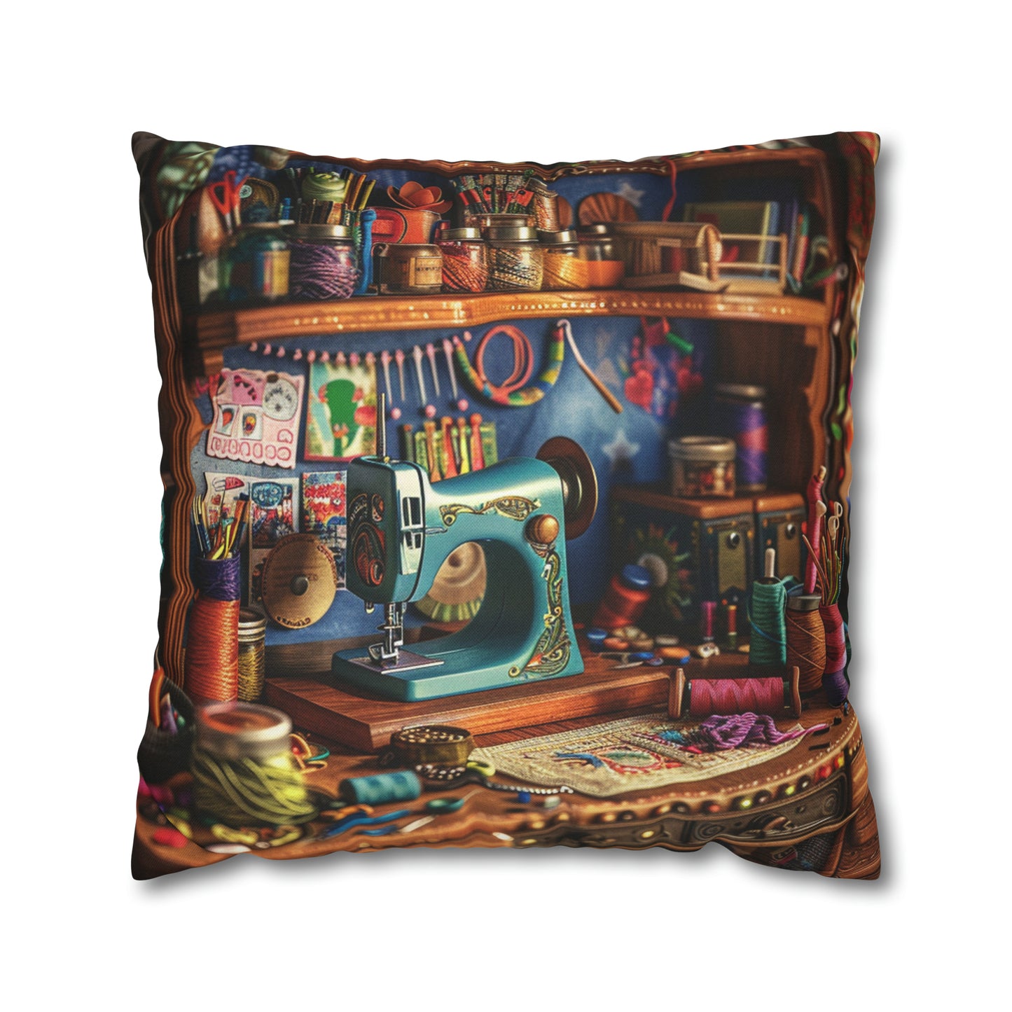 Seamstress Dream: Enchanted Sewing Nook Tapestry, Artisan Craft Room - Spun Polyester Square Pillowcase