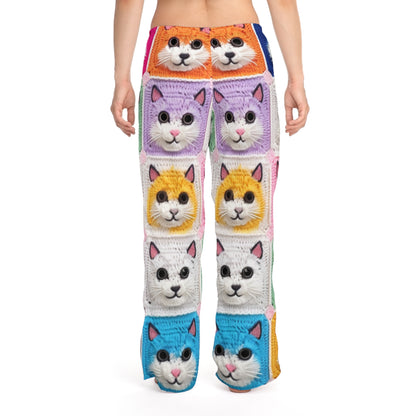 Gato de ganchillo, algodón de verano, felino, cárdigan de gato retro, creación de algodón de ganchillo gatito - pantalones de pijama de mujer (AOP) 