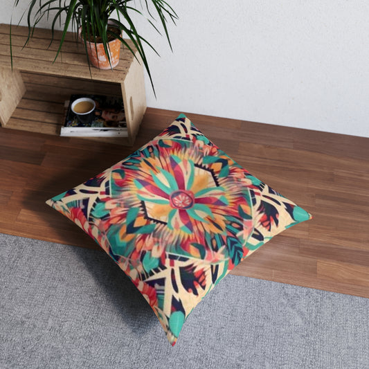 Boho Vibes: Almohada de suelo copetuda con estampado bohemio de verano hecha a mano, cuadrada 