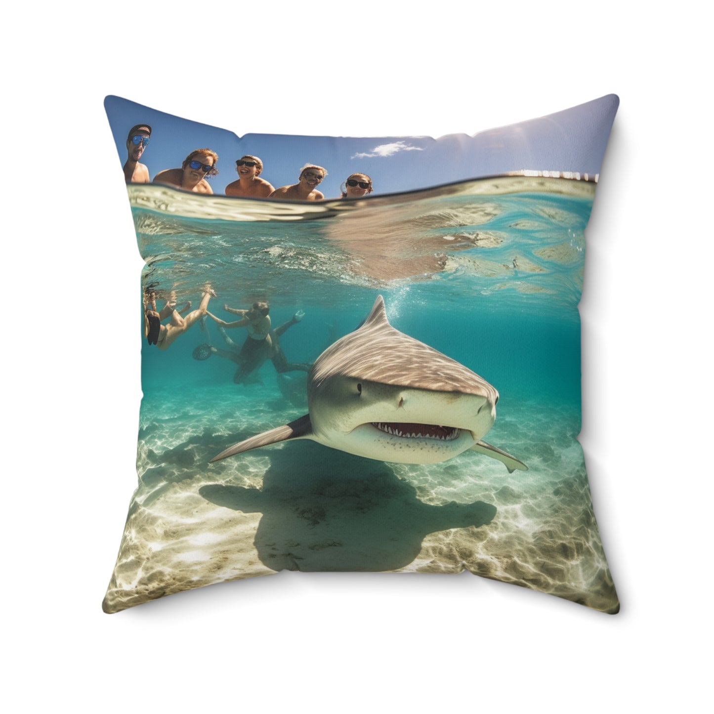 Peaceful Bull Shark with Swimmers: Ocean Scene - Perfect for Sea Lovers - Spun Polyester Square Pillow