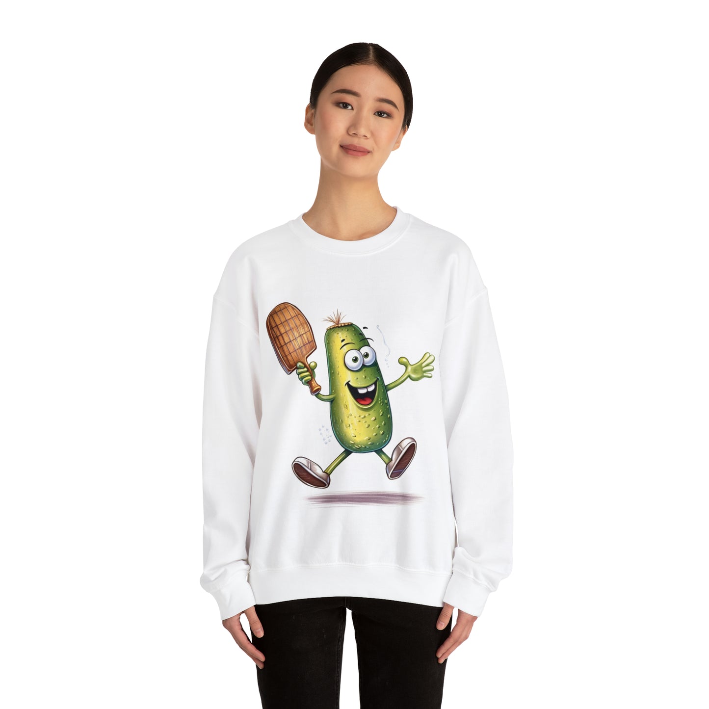 Pickle Player Action: Cartoon Swinging Pickleball Paddle - Sporty Charm - Unisex Heavy Blend™ Crewneck Sweatshirt