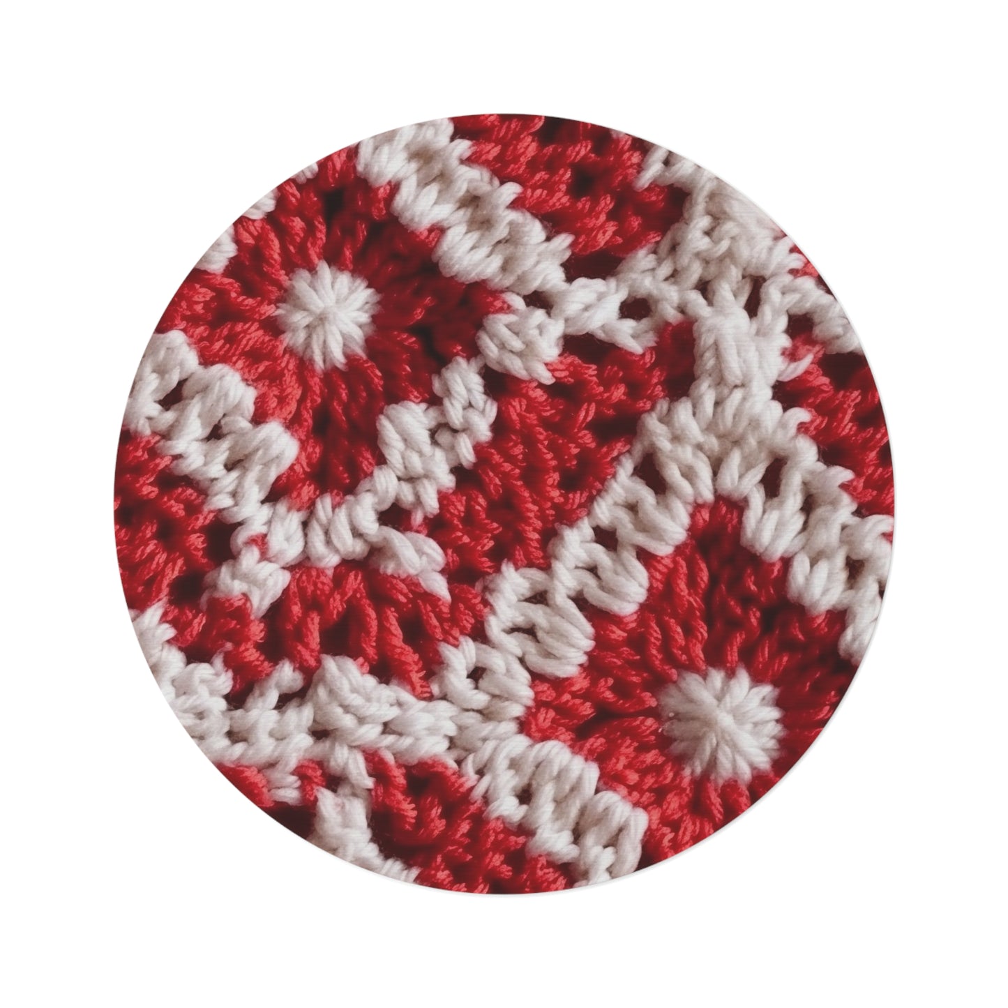 Warm Winter Red & White Crochet Knit: Cinematic Chic Texture Design - Round Rug