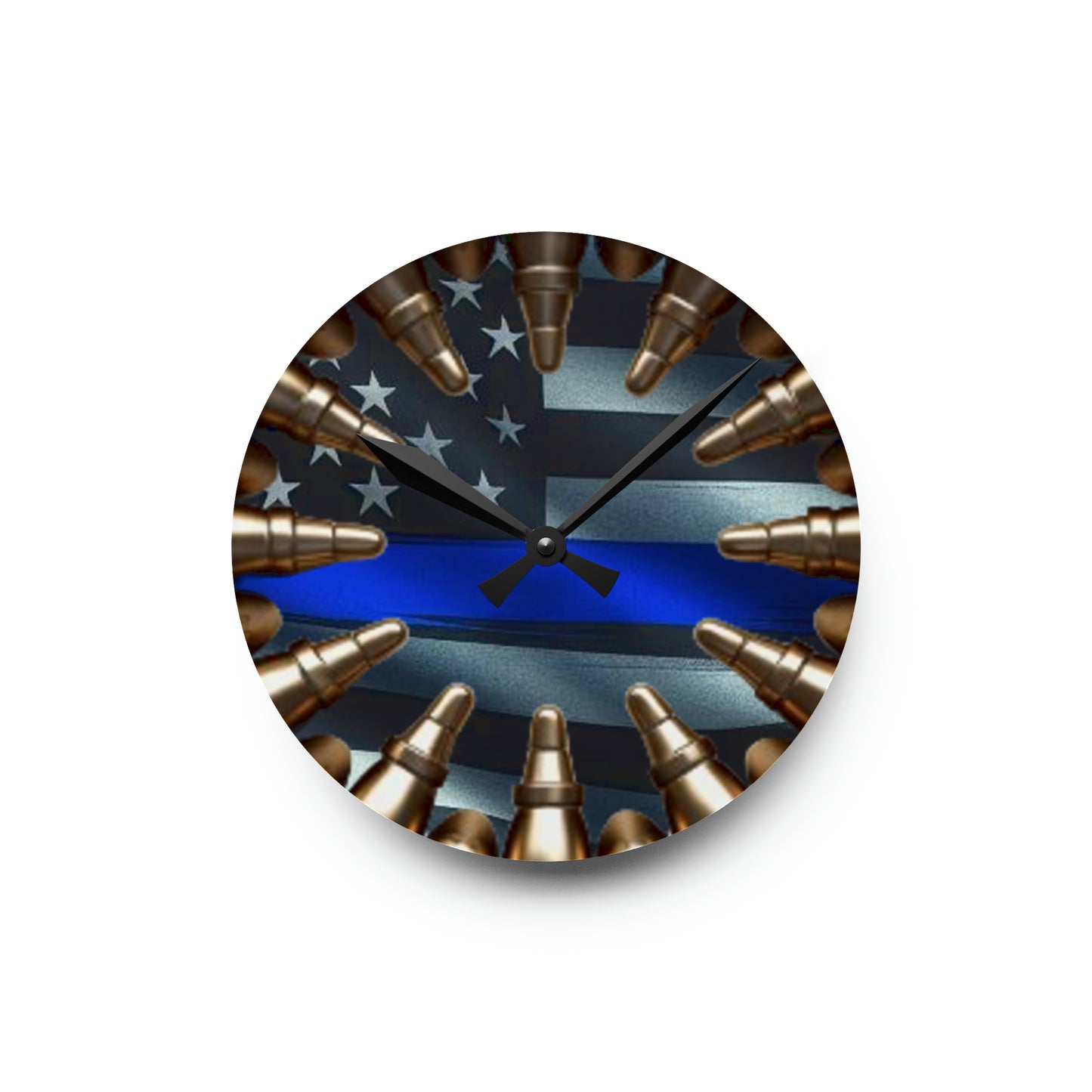 Thin Blue Line Acrylic Wall Clock - Patriotic Police Honor, Faux Bullet Emblem, American Flag Timepiece