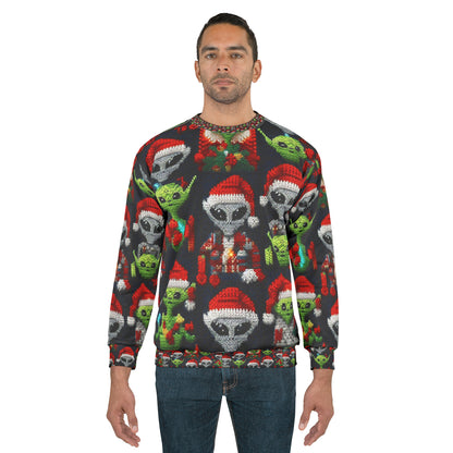 Festive Alien Invasion: Intergalactic Christmas Holiday Cheer with Santa Hats and Seasonal Gifts Crochet Pattern - Unisex Sweatshirt (AOP)