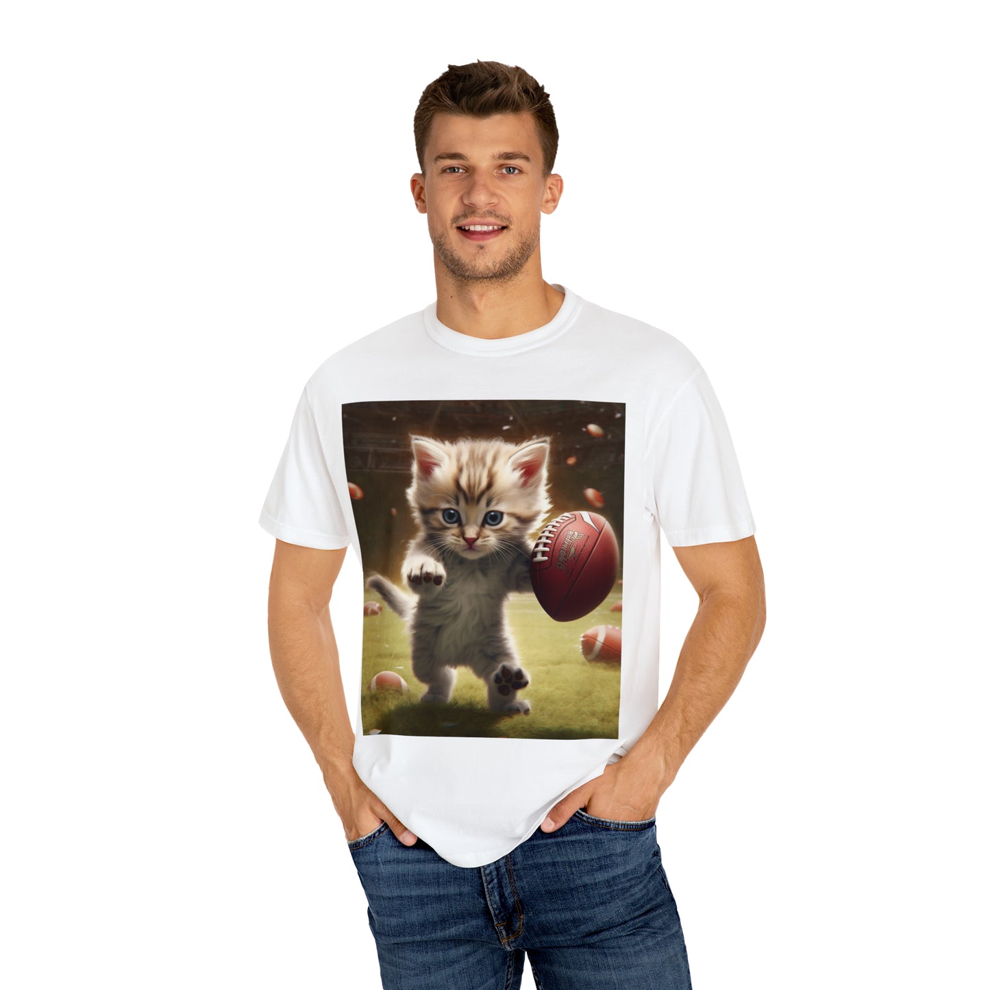 Football Kitty Fantasy: Feline Cat American Sport Quarterback - Unisex Garment-Dyed T-shirt