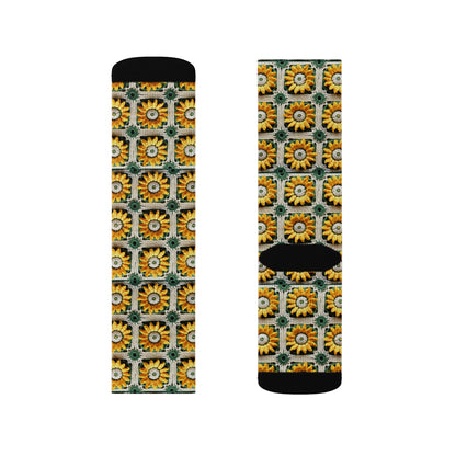 Sunflower Crochet Elegance, Granny Square Design, Radiant Floral Motif. Bring the Warmth of Sunflowers to Your Space - Sublimation Socks