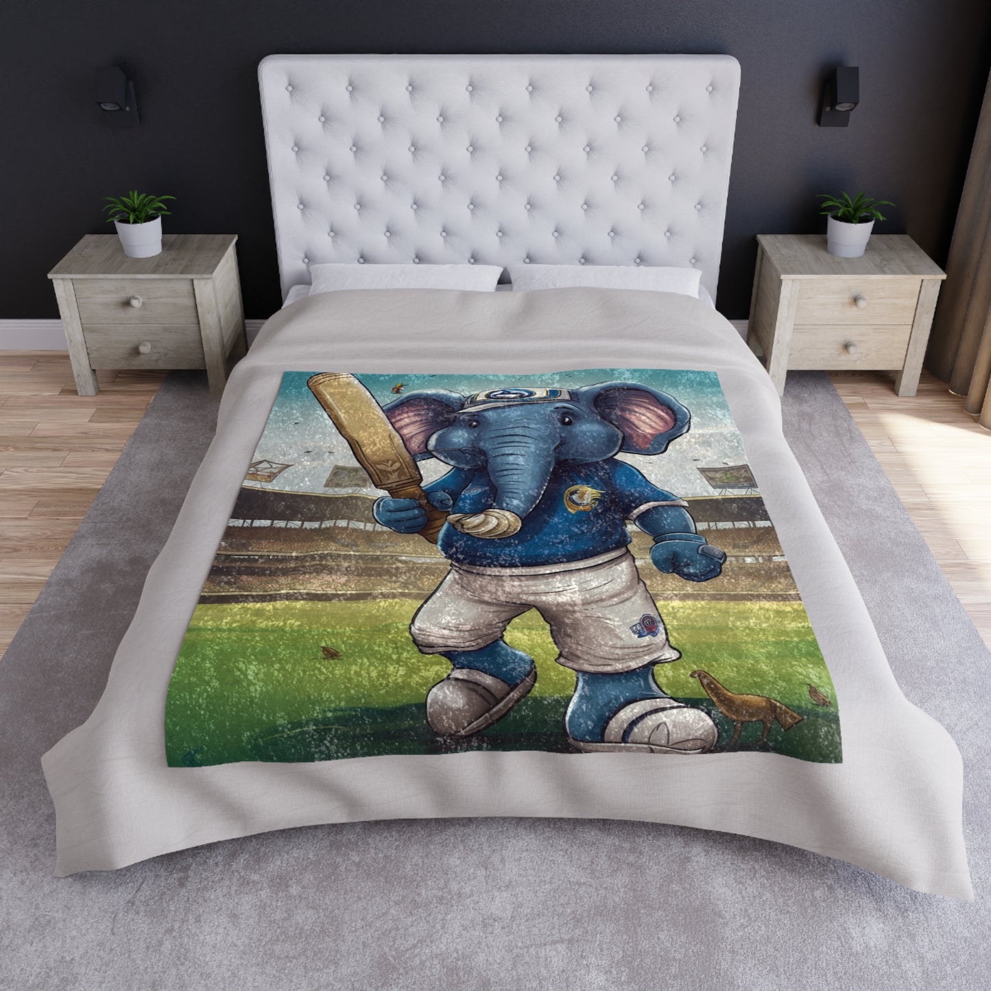 India Elephant Cricket Sport Star: Pitch, Run, Stump Game - Animated Charm - Crushed Velvet Blanket