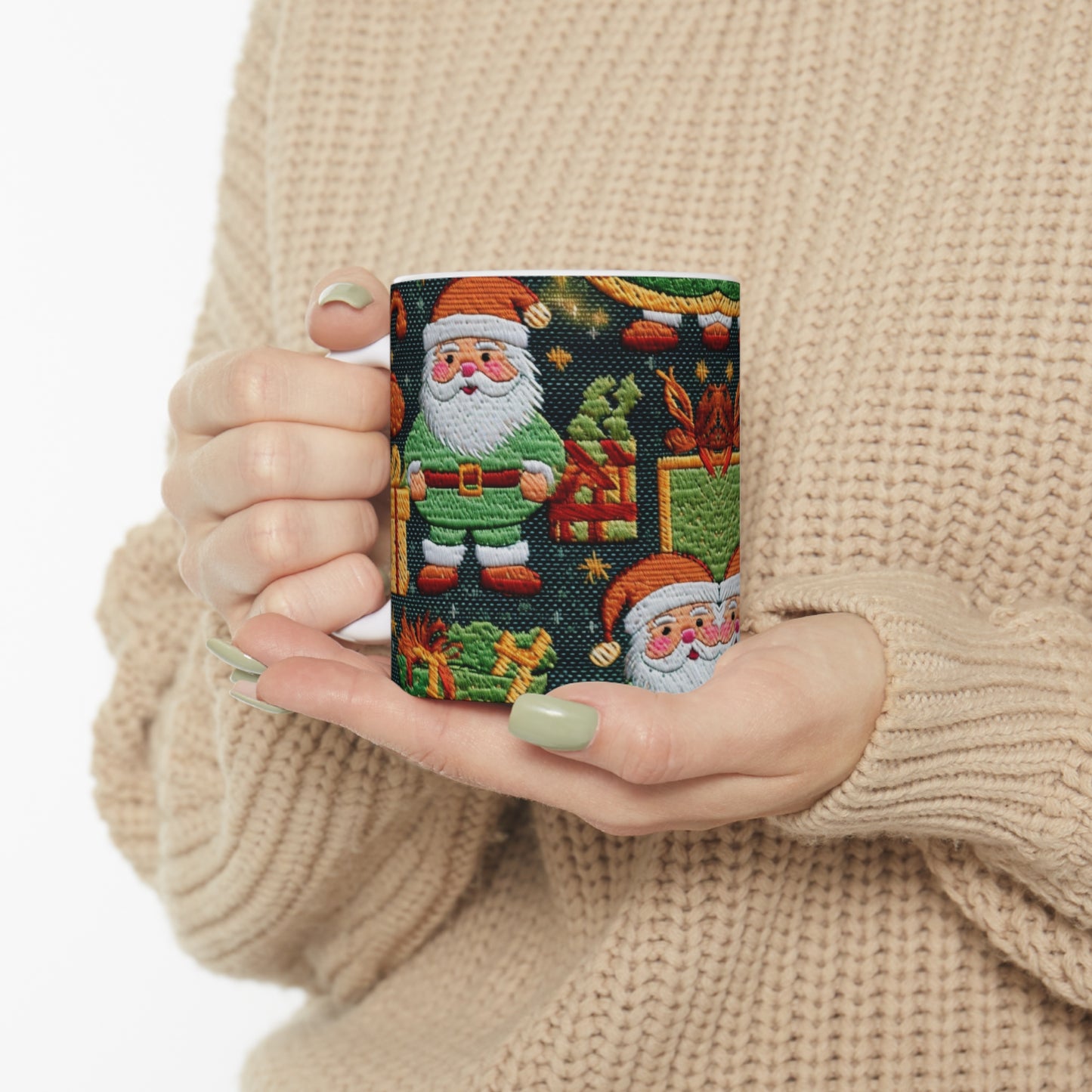 Christmas Santa Claus - Embroidered Presents - Festive Winter Wonderland - Deck the Halls Design - Ceramic Mug 11oz