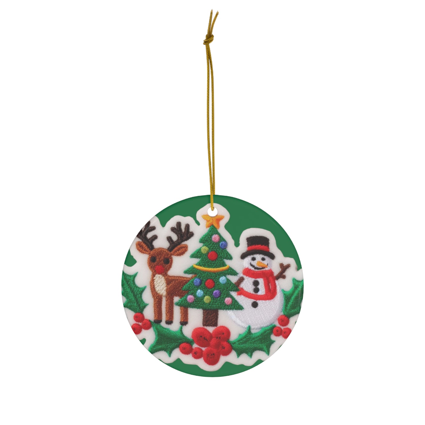 Christmas Snowman & Reindeer Embroidered Patch Design - Ceramic Ornament, 4 Shapes