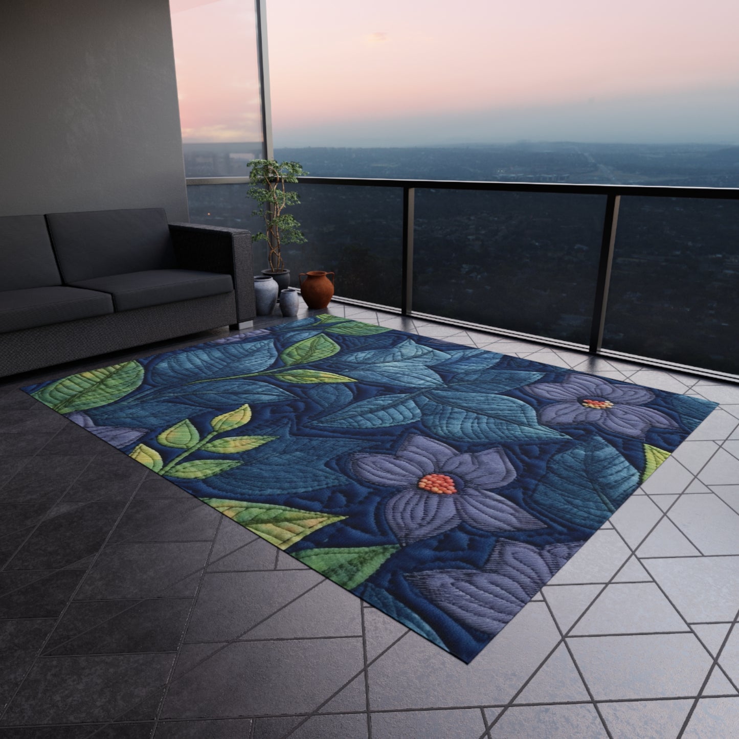 Floral Embroidery Blue: Denim-Inspired, Artisan-Crafted Flower Design - Outdoor Rug