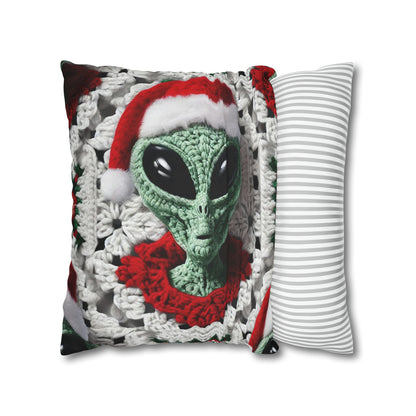 Santa's Cosmic Secret: Jolly Green Christmas Extraterrestrial with Festive Attire Crochet Art - Spun Polyester Square Pillow Case