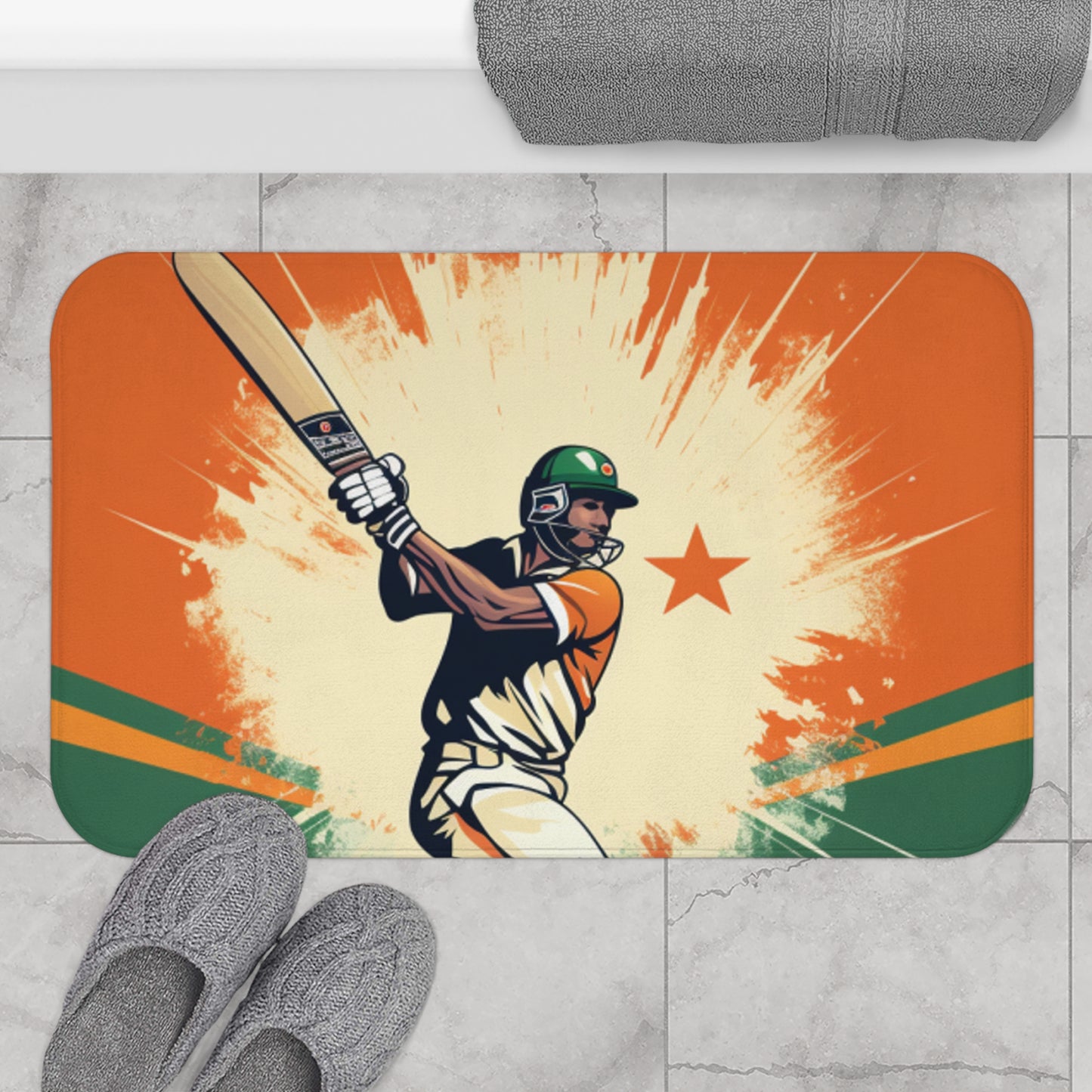 India Cricket Star: Batsman With Willow Bat, National Flag Style - Sport Game - Bath Mat