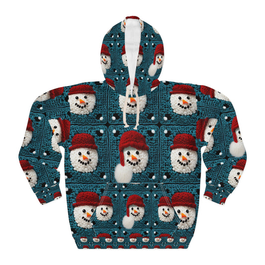 Snowman Crochet Craft, Festive Yuletide Cheer, Winter Wonderland - Unisex Pullover Hoodie (AOP)