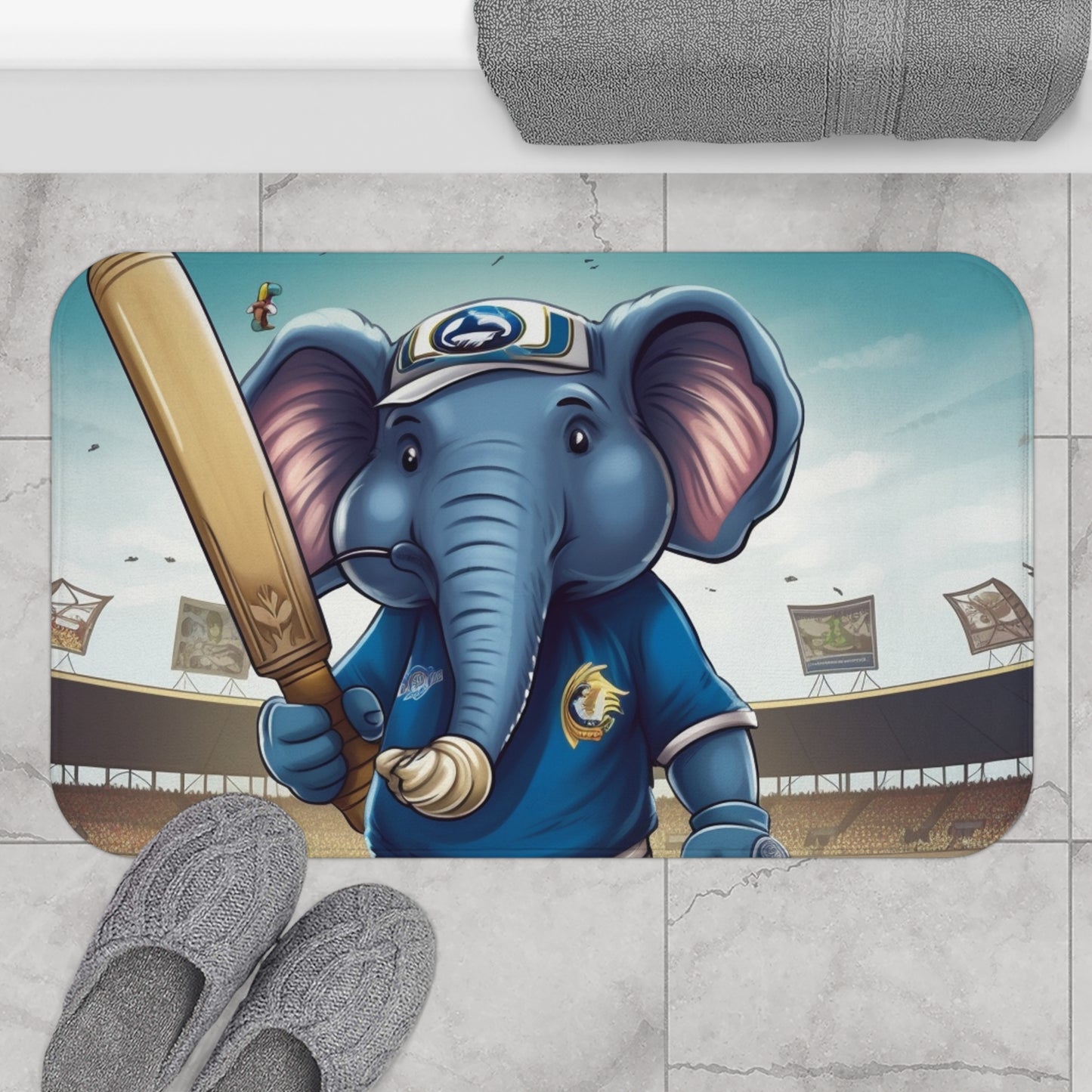 India Elephant Cricket Sport Star: Pitch, Run, Stump Game - Animated Charm - Bath Mat