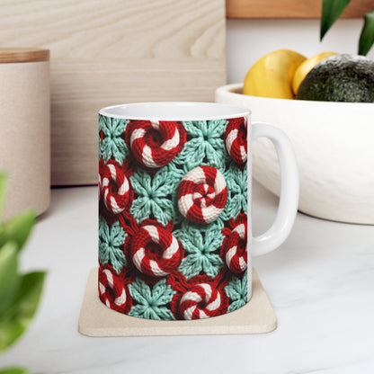 Bastón de caramelo de ganchillo navideño - Patrón navideño blanco y cristal rojo pimienta - Taza de cerámica de 11 oz