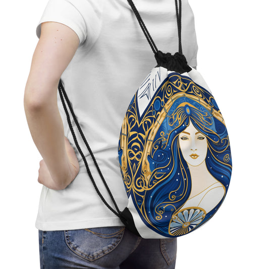 Virgo Zodiac Circular Symmetry in Gold Royal Blue - Drawstring Bag