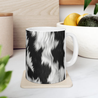 Piel de vaca sobre cuero de pelo - Blanco y negro - Estilo de diseñador - Taza de cerámica 11oz 