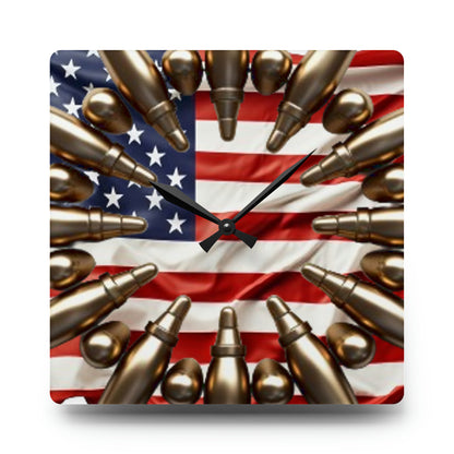 American Valor Acrylic Wall Clock - Patriotic Bullet Array, Non-Live Ammunition, Stars and Stripes Display, Heroic USA Timepiece