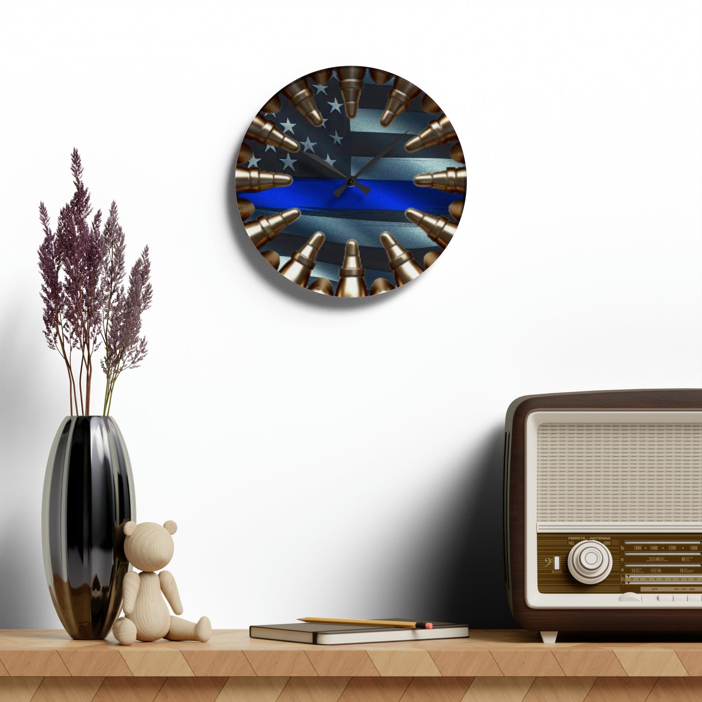 Thin Blue Line Acrylic Wall Clock - Patriotic Police Honor, Faux Bullet Emblem, American Flag Timepiece