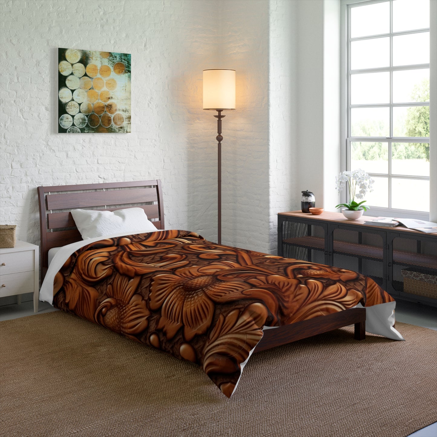 Leather Flower Cognac Classic Brown Timeless American Cowboy Design - Bed Comforter