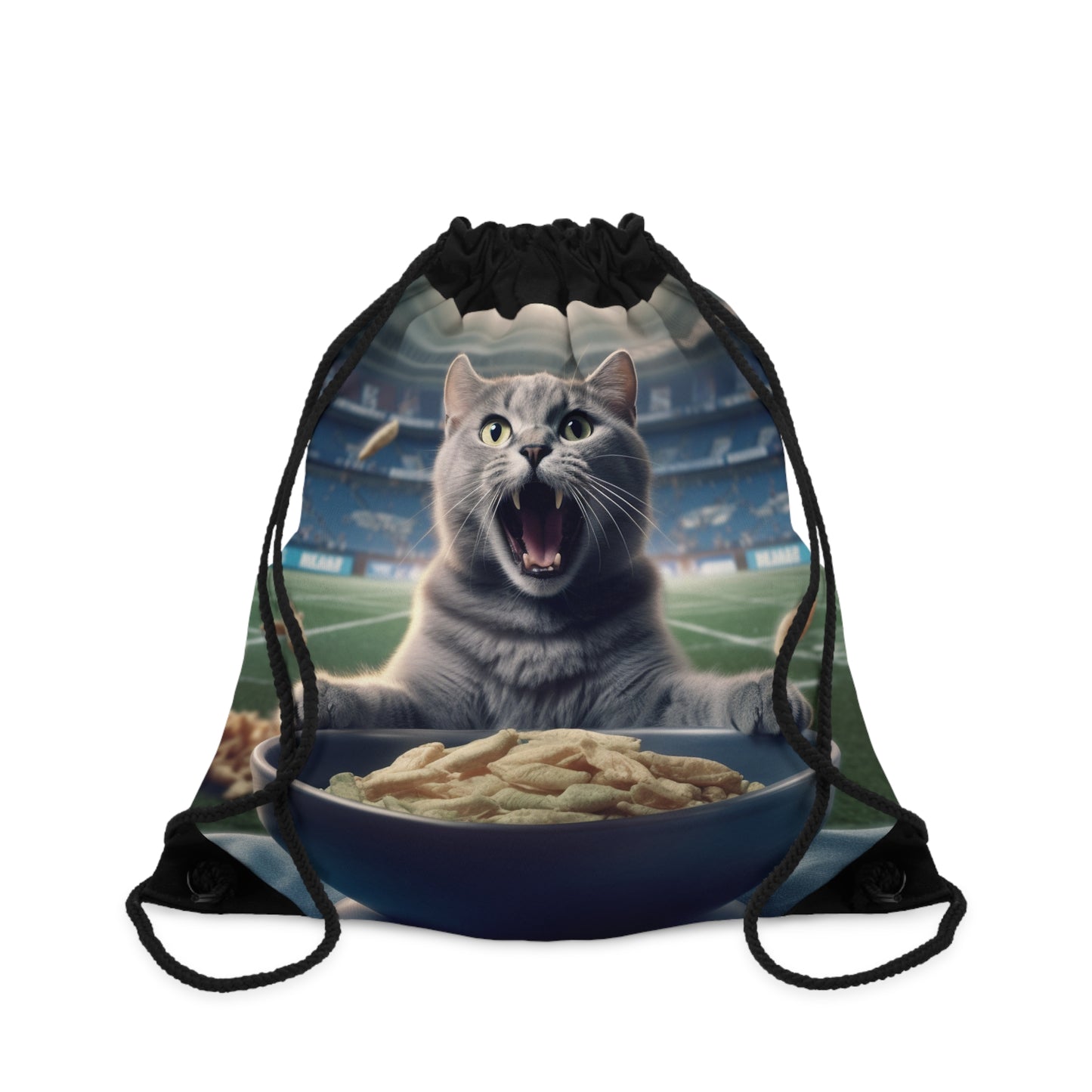 Halftime Football Feline: Screaming Sports Fan Cat Stadium Food Kitten - Drawstring Bag