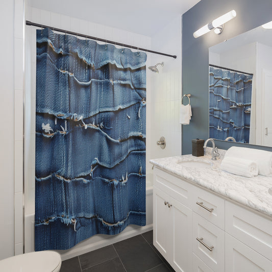 Midnight Blue Distressed Denim: Rugged, Torn & Stylish Design - Shower Curtains