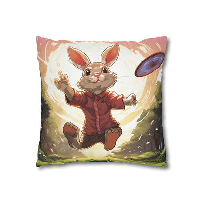 Disc Golf Rabbit: Bunny Aiming Frisbee for Basket Chain - Spun Polyester Square Pillow Case