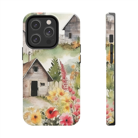 Country Wooden Houses with Flower Blooms - Cottagecore Floral Design - Outdoor Style - Tough Phone Cases