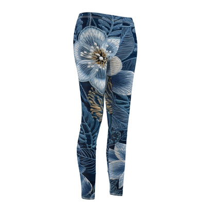 Flower Blossom Embroidery Floral on Denim Style - Women's Cut & Sew Casual Leggings (AOP)