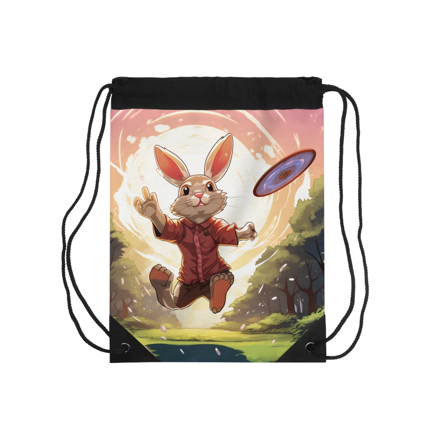 Disc Golf Rabbit: Bunny Aiming Frisbee for Basket Chain - Drawstring Bag