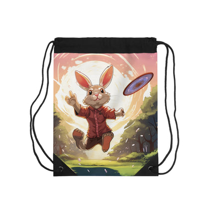 Disc Golf Rabbit: Bunny Aiming Frisbee for Basket Chain - Drawstring Bag