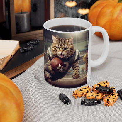 Football Field Felines: Kitty Cats in Sport Tackling Scoring Game Position - Ceramic Mug 11oz