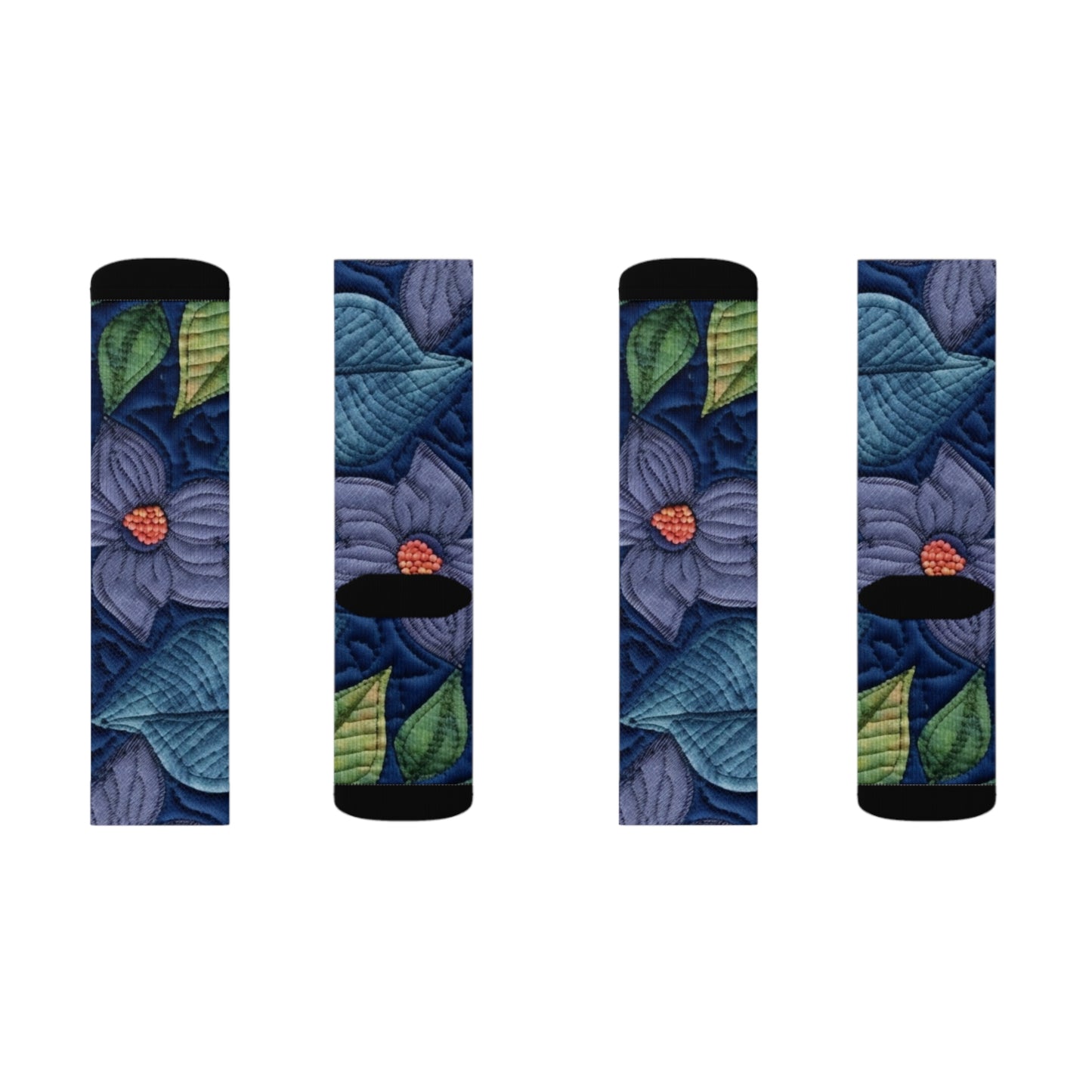 Floral Embroidery Blue: Denim-Inspired, Artisan-Crafted Flower Design - Sublimation Socks