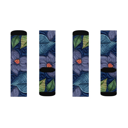 Floral Embroidery Blue: Denim-Inspired, Artisan-Crafted Flower Design - Sublimation Socks