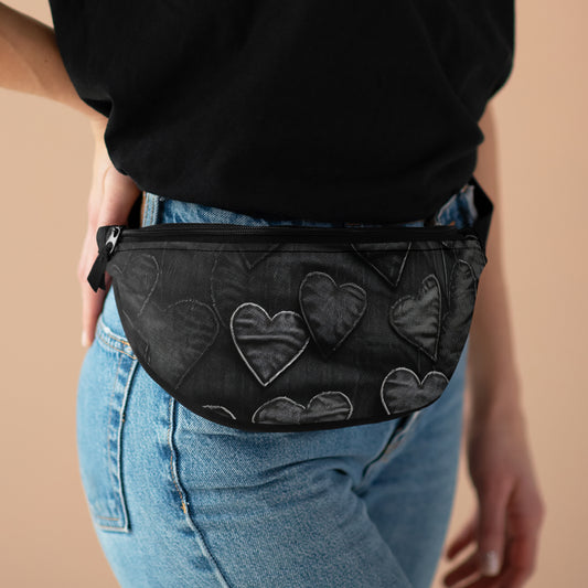 Black: Distressed Denim-Inspired Fabric Heart Embroidery Design - Fanny Pack