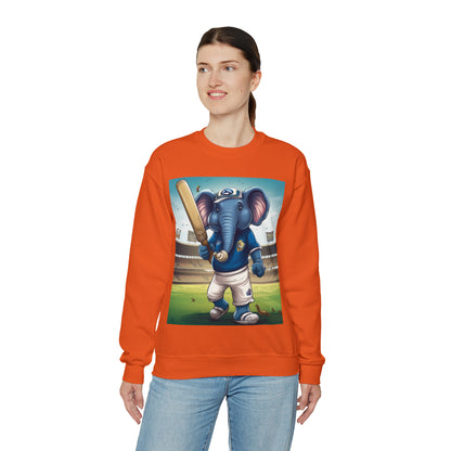 India Elephant Cricket Sport Star: Pitch, Run, Stump Game - Animated Charm - Unisex Heavy Blend™ Crewneck Sweatshirt