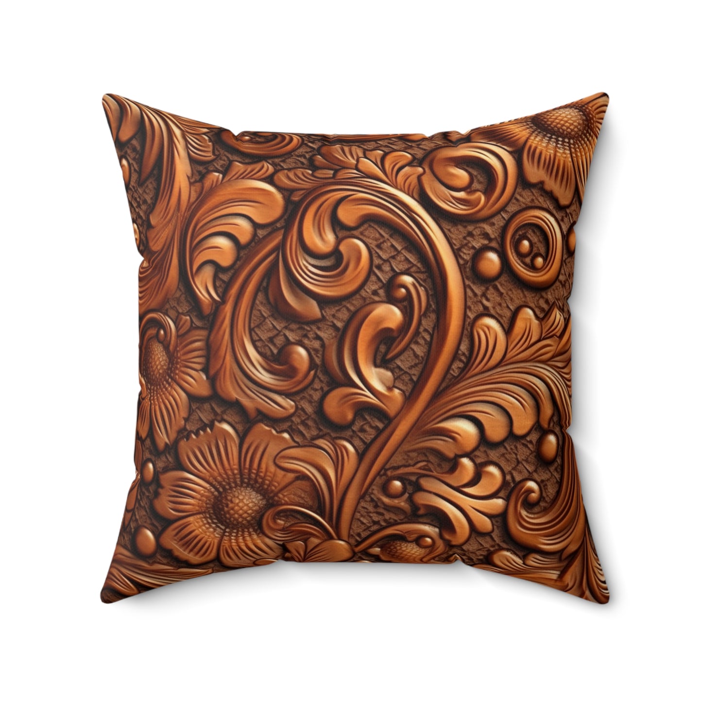 Leather Flower Cognac Classic Brown Timeless American Cowboy Design - Spun Polyester Square Pillow