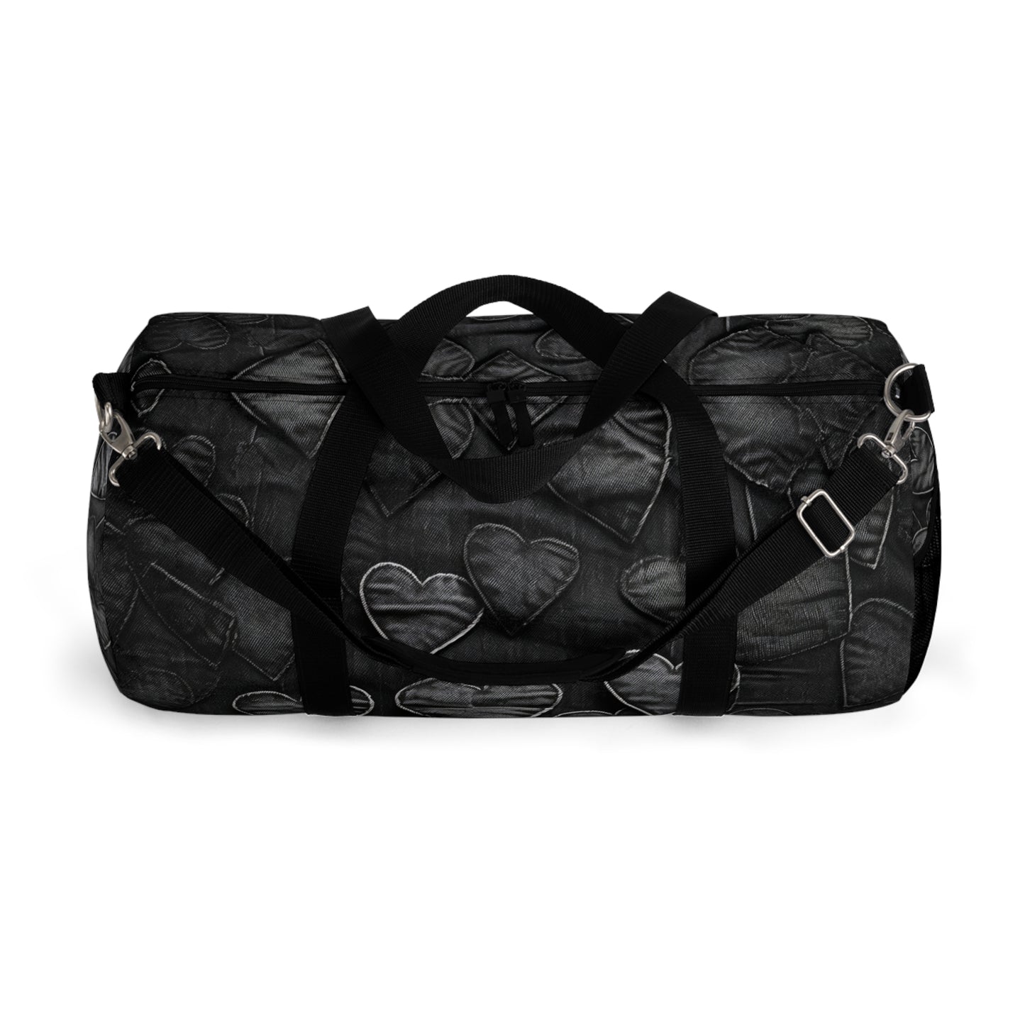 Black: Distressed Denim-Inspired Fabric Heart Embroidery Design - Duffel Bag