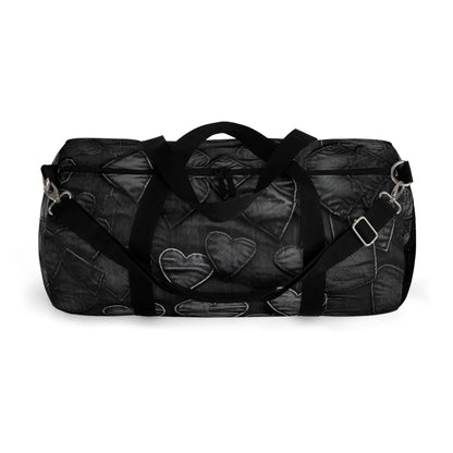 Black: Distressed Denim-Inspired Fabric Heart Embroidery Design - Duffel Bag