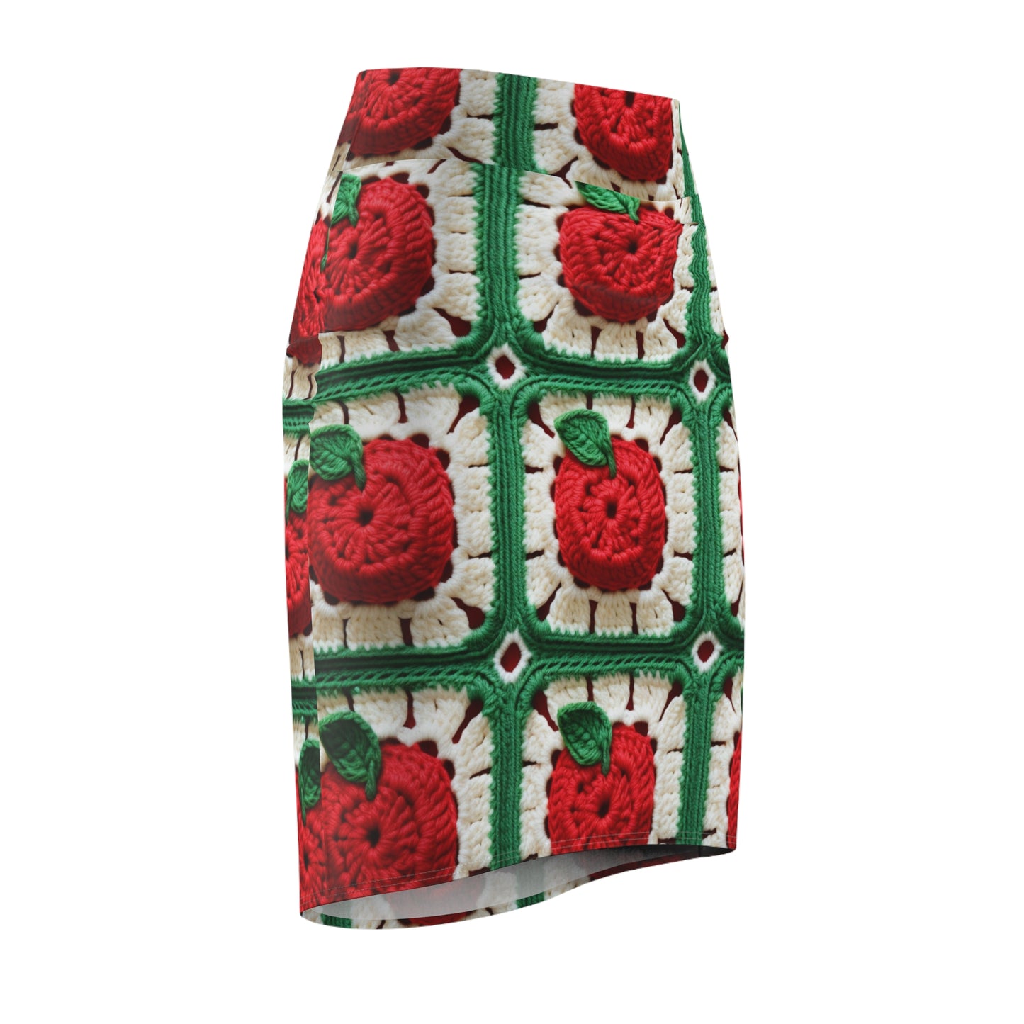 Apple Granny Square Crochet Pattern: Wild Fruit Tree, Delicious Red Design - Women's Pencil Skirt (AOP)