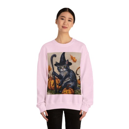 Halloween Cat Magic: Embroidered Style Feline with Pumpkins & Witch Hat - Unisex Heavy Blend™ Crewneck Sweatshirt