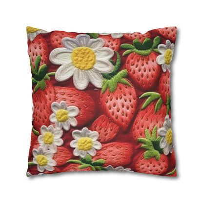 Strawberry Strawberries Embroidery Design - Fresh Pick Red Berry Sweet Fruit - Spun Polyester Square Pillow Case