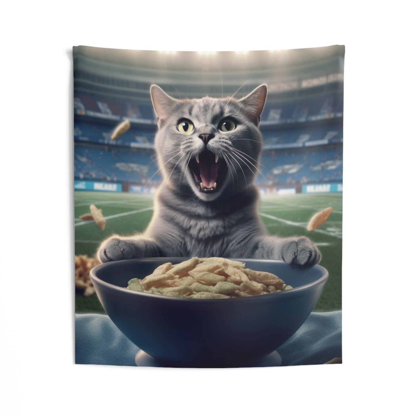 Halftime Football Feline: Screaming Sports Fan Cat Stadium Food Kitten - Indoor Wall Tapestries