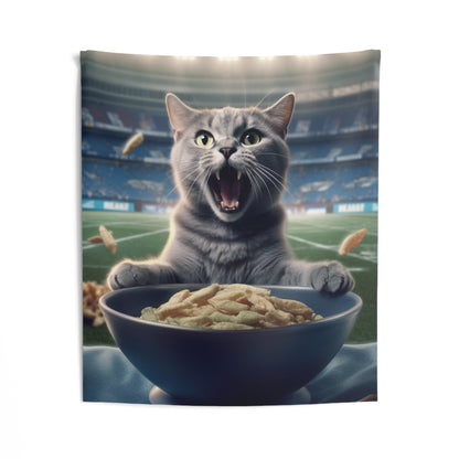 Halftime Football Feline: Screaming Sports Fan Cat Stadium Food Kitten - Indoor Wall Tapestries